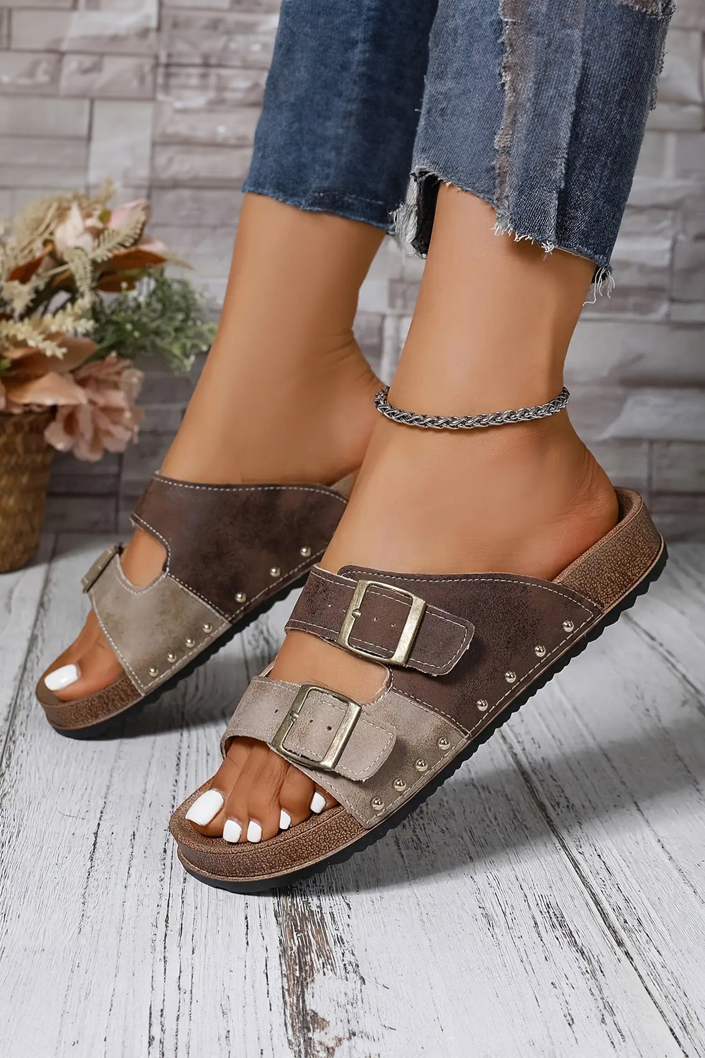 Coffee Two-tone Retro Buckle Straps Hollowed Faux Suede Slippers