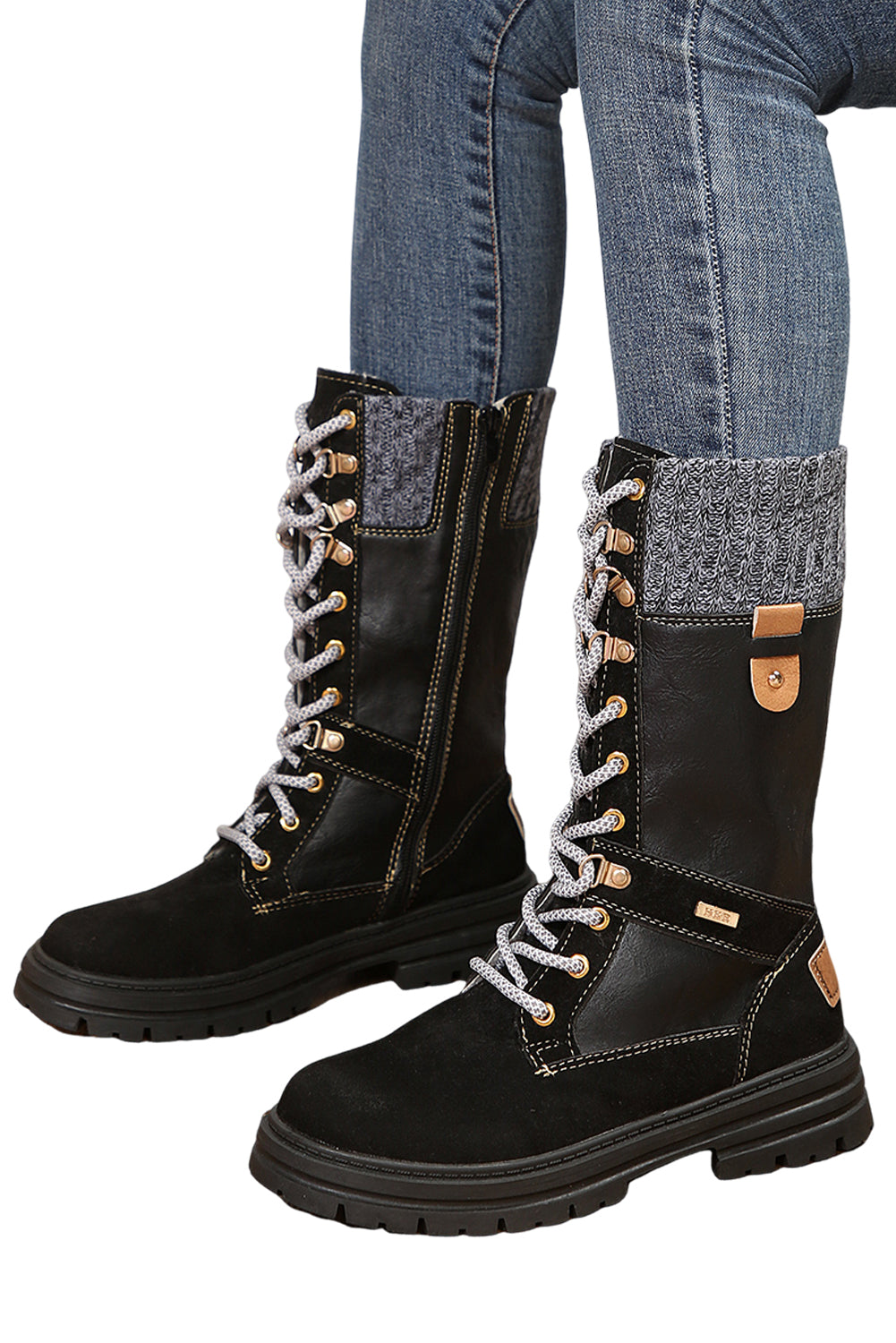 Coffee Wool Knit Patchwork Lace Up Leather Boots