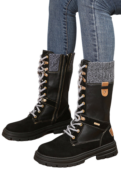Coffee Wool Knit Patchwork Lace Up Leather Boots