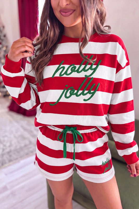 Red Stripe Holly Jolly Embroidery Pullover Long Sleeve Two Piece Shorts Set