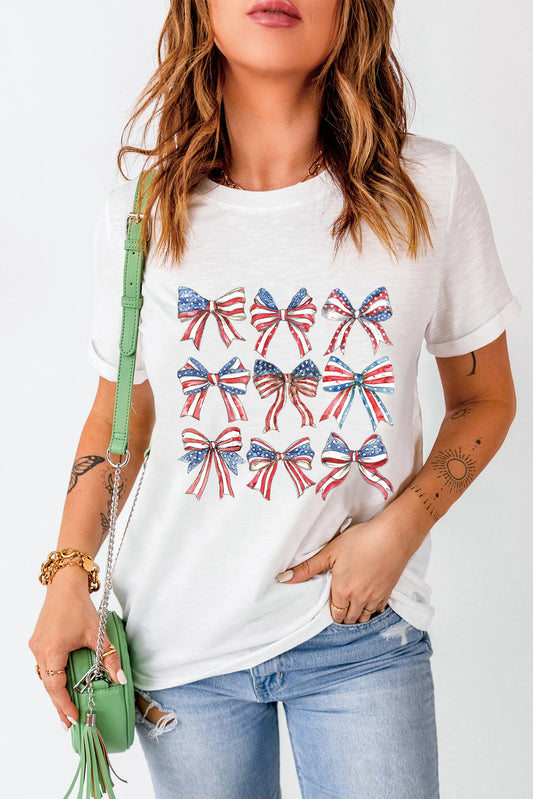 White American Flag Bow Knot Print Crew Neck Casual Tee