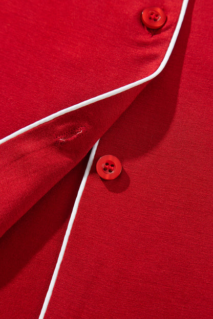 Racing Red Bow Pocket Detail Long Sleeve Shirt 2pcs Pajama Set