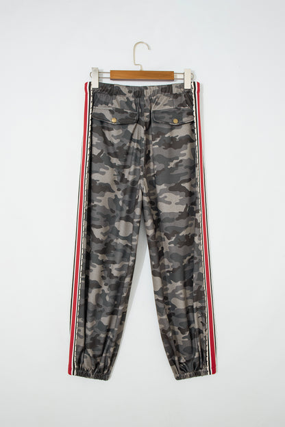 Green Camouflage Print Striped Side Panel Patchwork Drawstring Pants