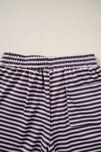 Brown Stripe Long Sleeve Oversized Top Pocketed Casual Shorts Two Piece Set