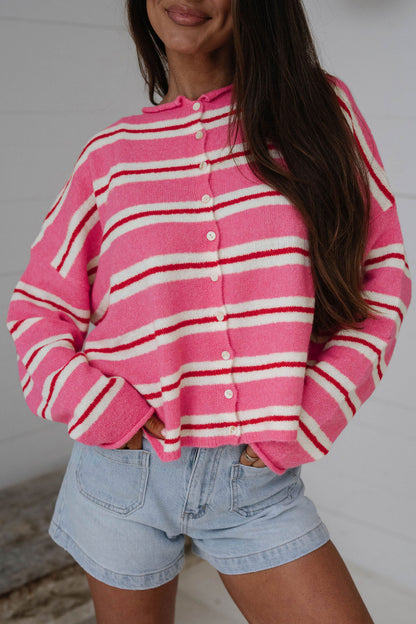 Pink Stripe Striped Drop Shoulder Button Cardigan