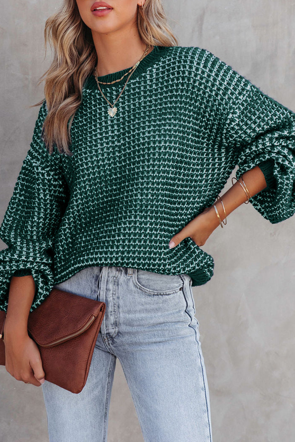 Pull vert chiné en tricot à épaules tombantes et manches bouffantes 