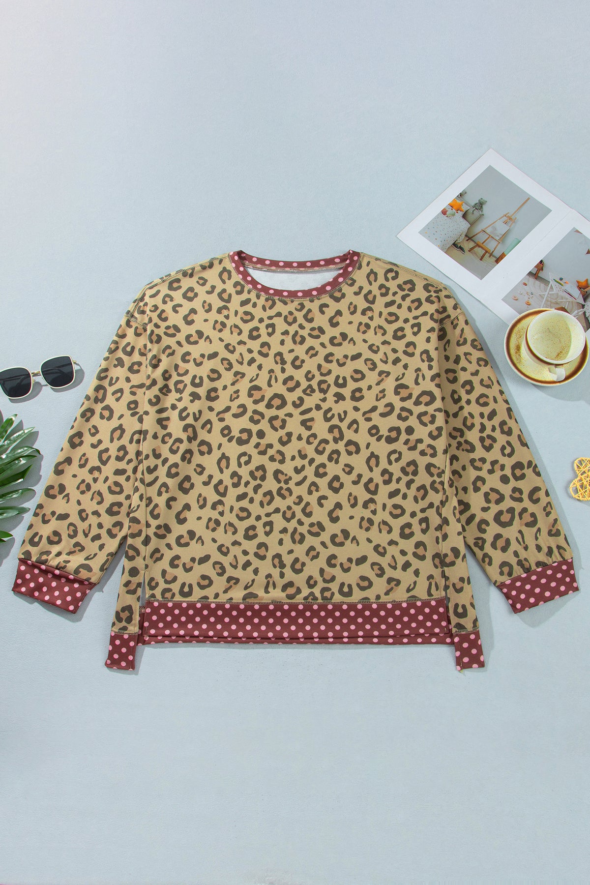 Brown Plus Size Leopard Print Contrast Polka Dot Trim Long Sleeve Top