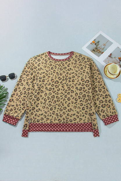 Brown Plus Size Leopard Print Contrast Polka Dot Trim Long Sleeve Top