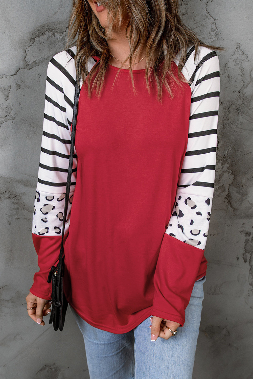 Black Striped Animal Print Colorblock Long Sleeve Top