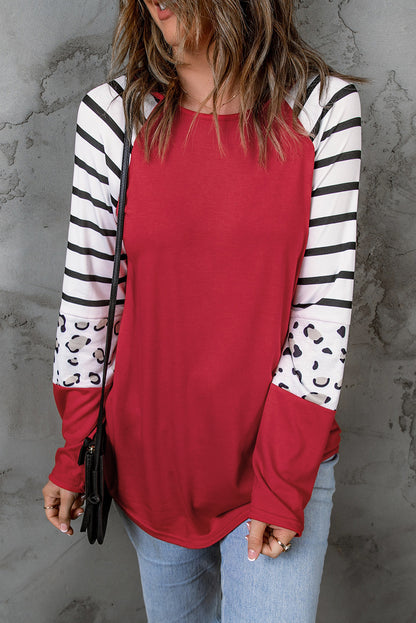Black Striped Animal Print Colorblock Long Sleeve Top