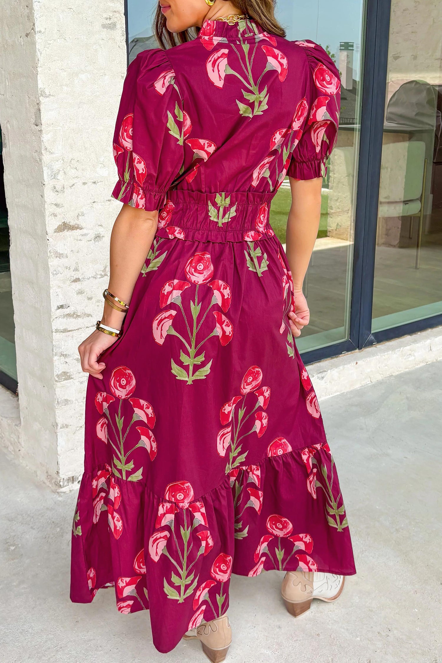 red floral wrap dress short sleeve WOMEN'S SHORT SLEEVE V-NECK WRAP FLORAL MAXI DRESS