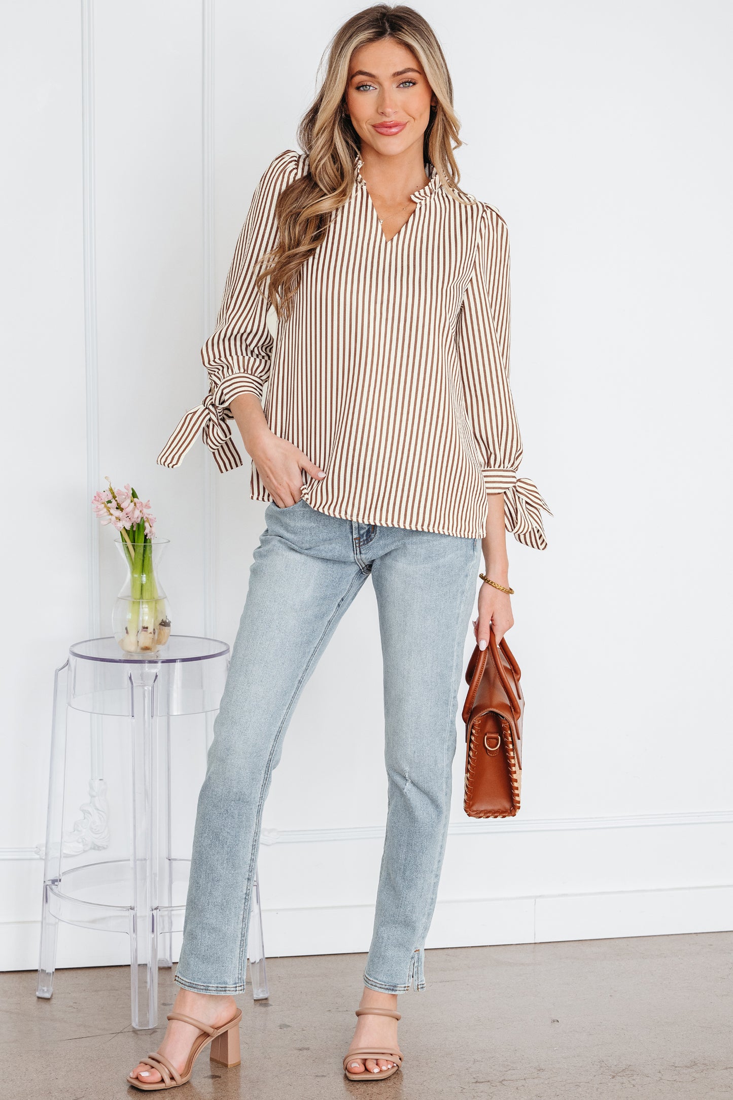 Straw Yellow Striped Print Tied Cuffs Split Neck Seersucker Blouse