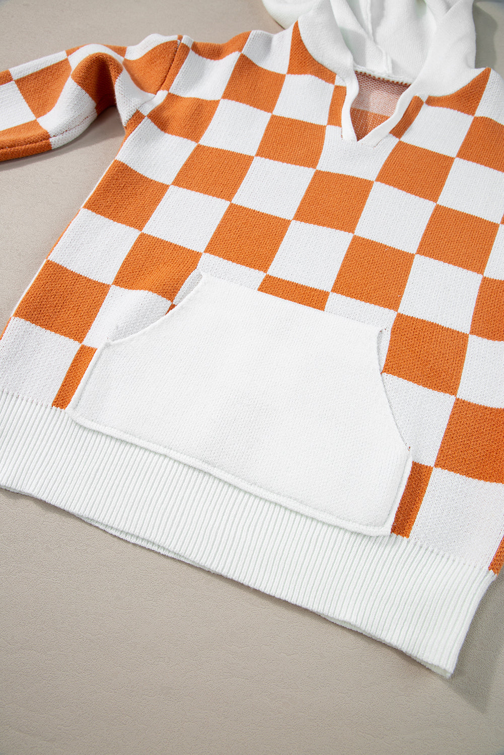 Pull à capuche à carreaux dorés, col fendu, poche kangourou contrastée