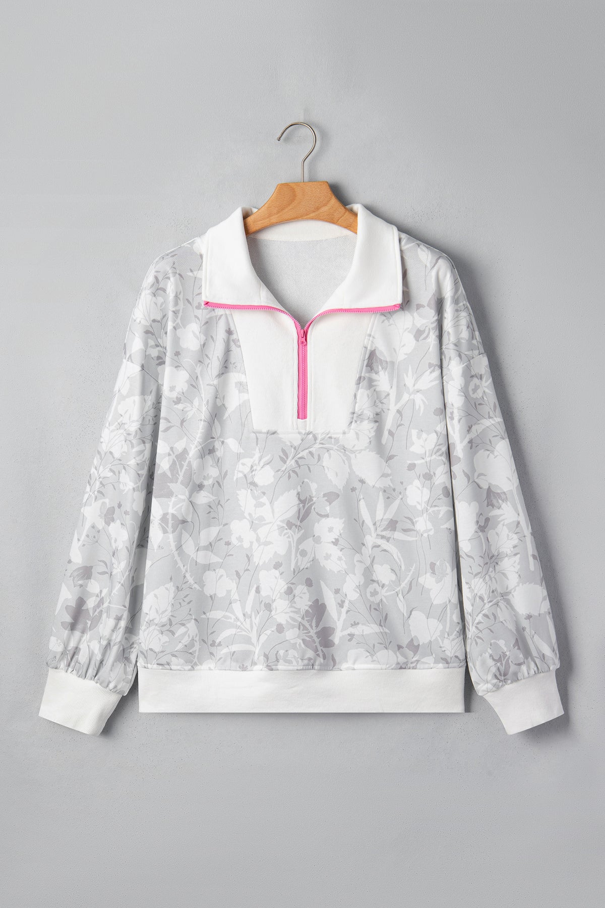 Gray Floral Print Quarter Zip Stand Neck Long Sleeve Sweatshirt