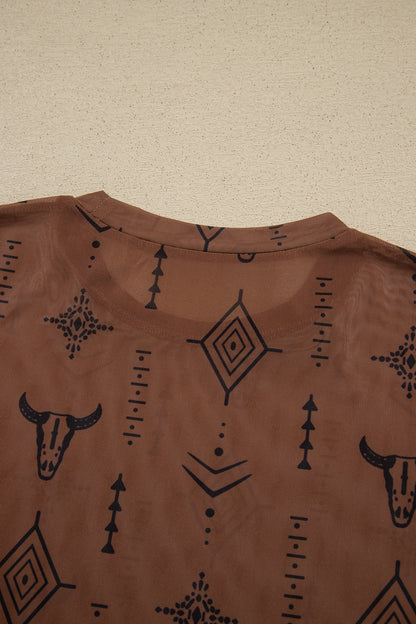 Chestnut Retro Western Print Mesh Long Sleeve Sheath Top