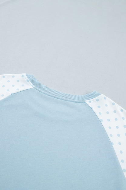 Light Blue Polka Dot Patchwork Colorblock Long Sleeve Casual Two Piece Pants Set