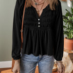 Black Smocked Bust Buttoned Split V Neck Flow Fit Blouse