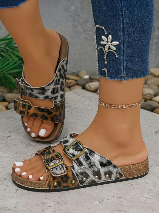 Light Grey Leopard Two-tone Retro Buckle Straps Hollowed Faux Suede Slippers