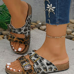 Light Grey Leopard Two-tone Retro Buckle Straps Hollowed Faux Suede Slippers