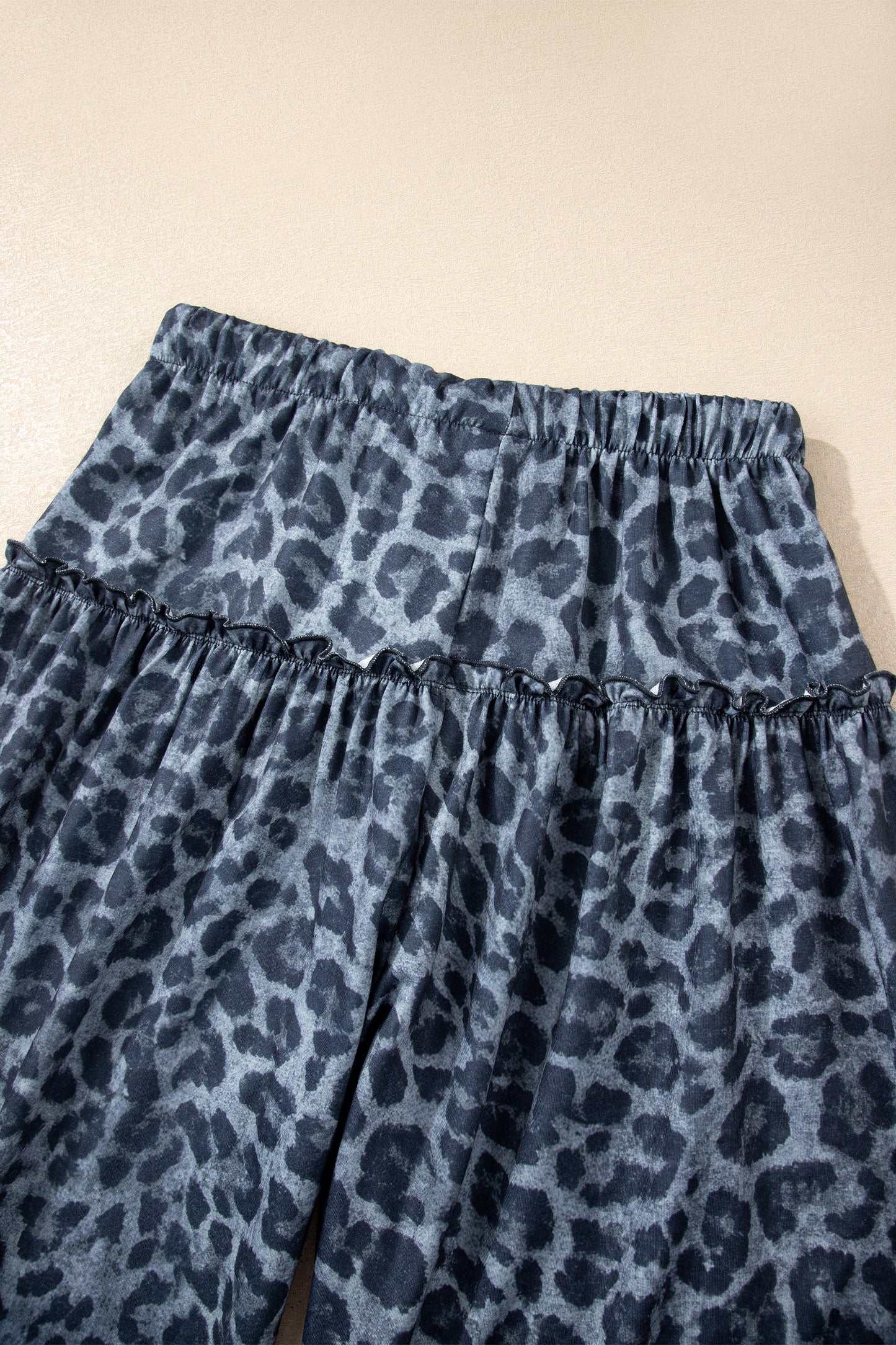 Gray Wild Leopard Print Frilled Detail Drawstring Wide Leg Pants