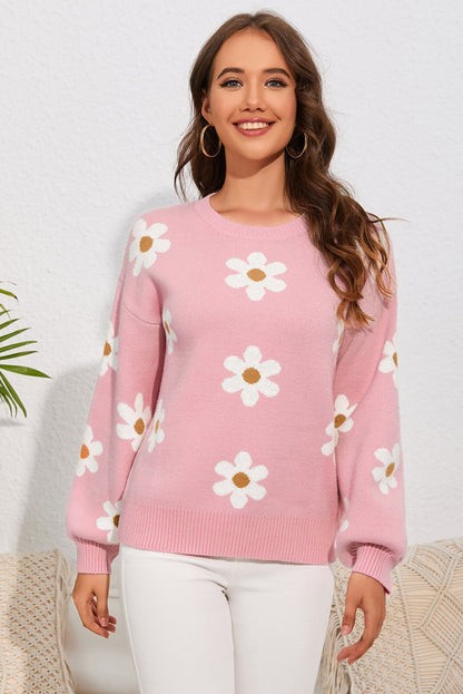 Pull à épaules tombantes et motif floral rose 