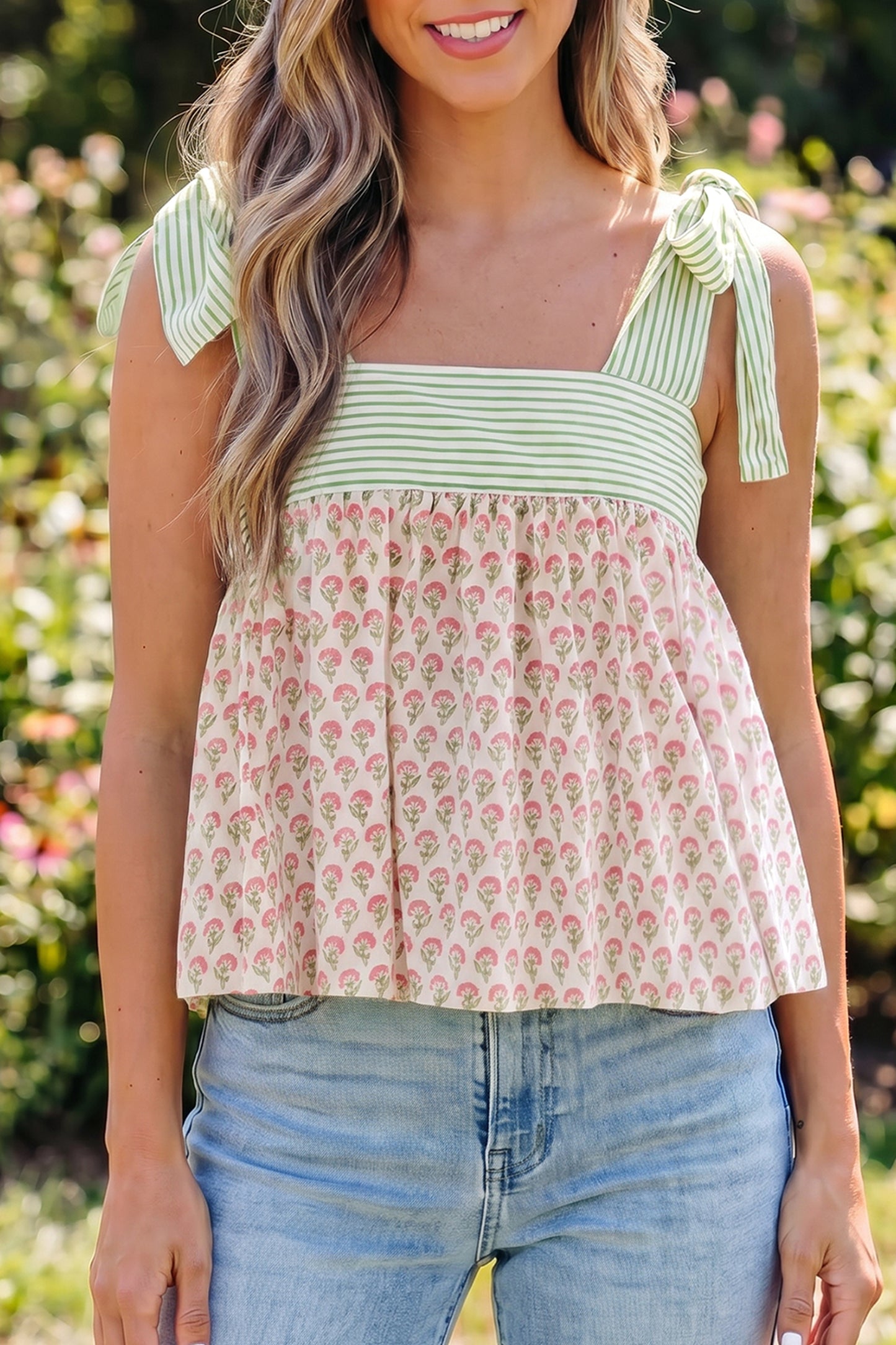 Green Floral Printed Knot Straps Babydoll Tank Top