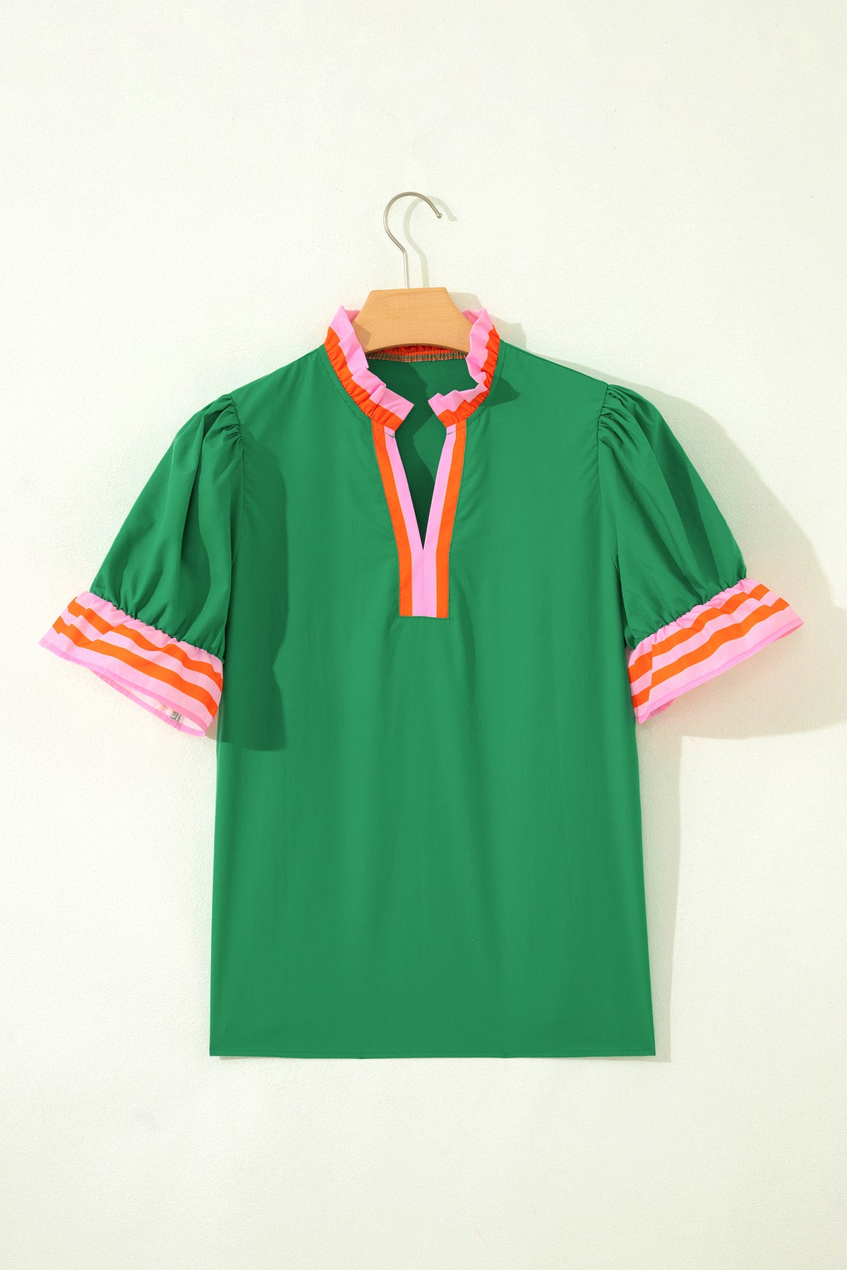 Green Striped Frilled Collar Ruffled Short Sleeve Blouse