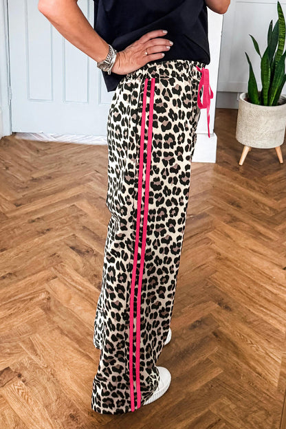 Rose Contrast Detail Tie Waist Leopard Print Casual Pants
