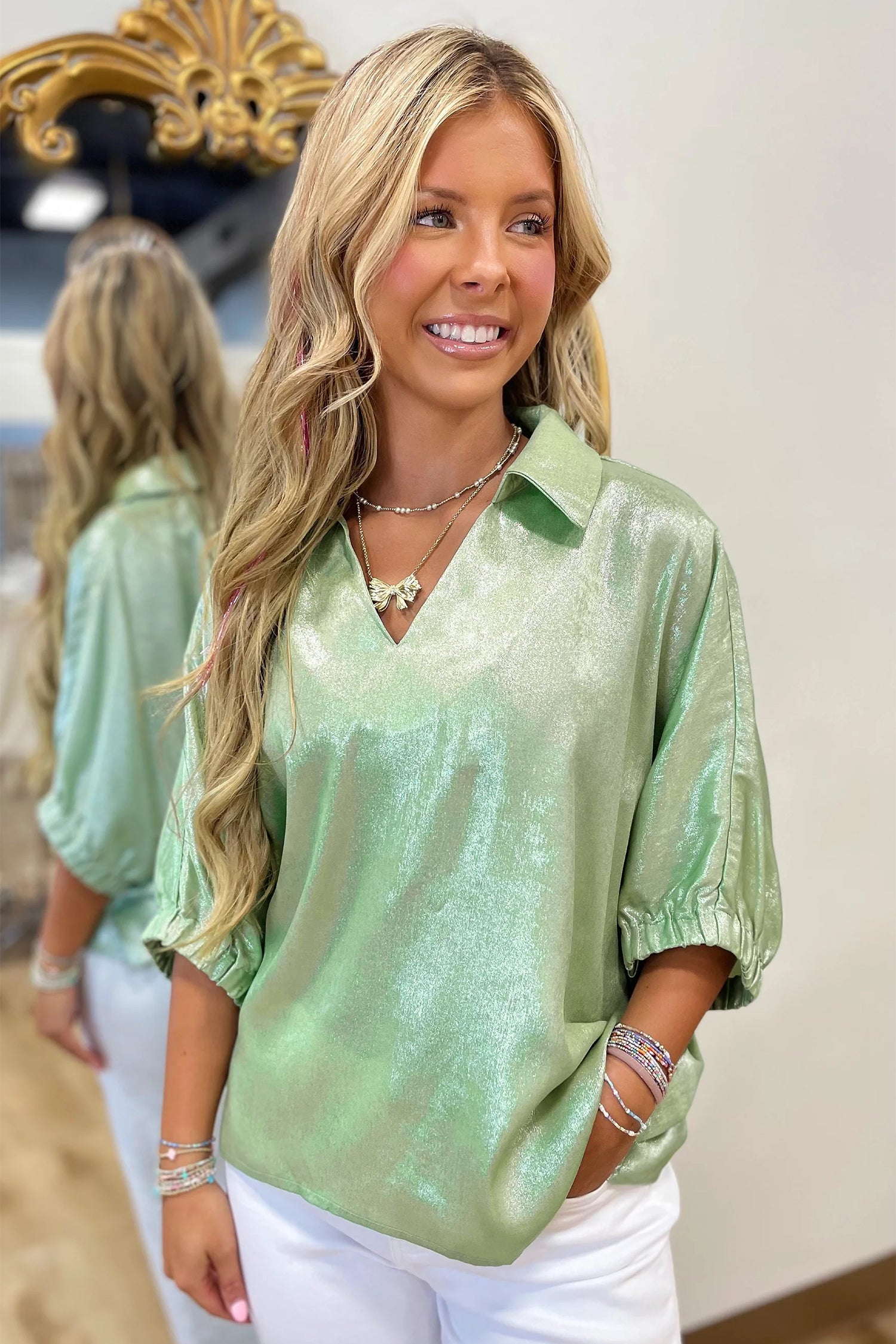 Clearly Aqua Collared V Neck Half Sleeve Metallic Top