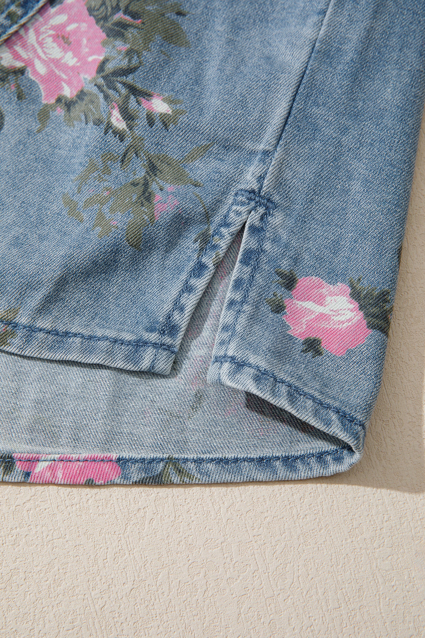 Blue Bracelet Sleeve Floral Denim Shirt
