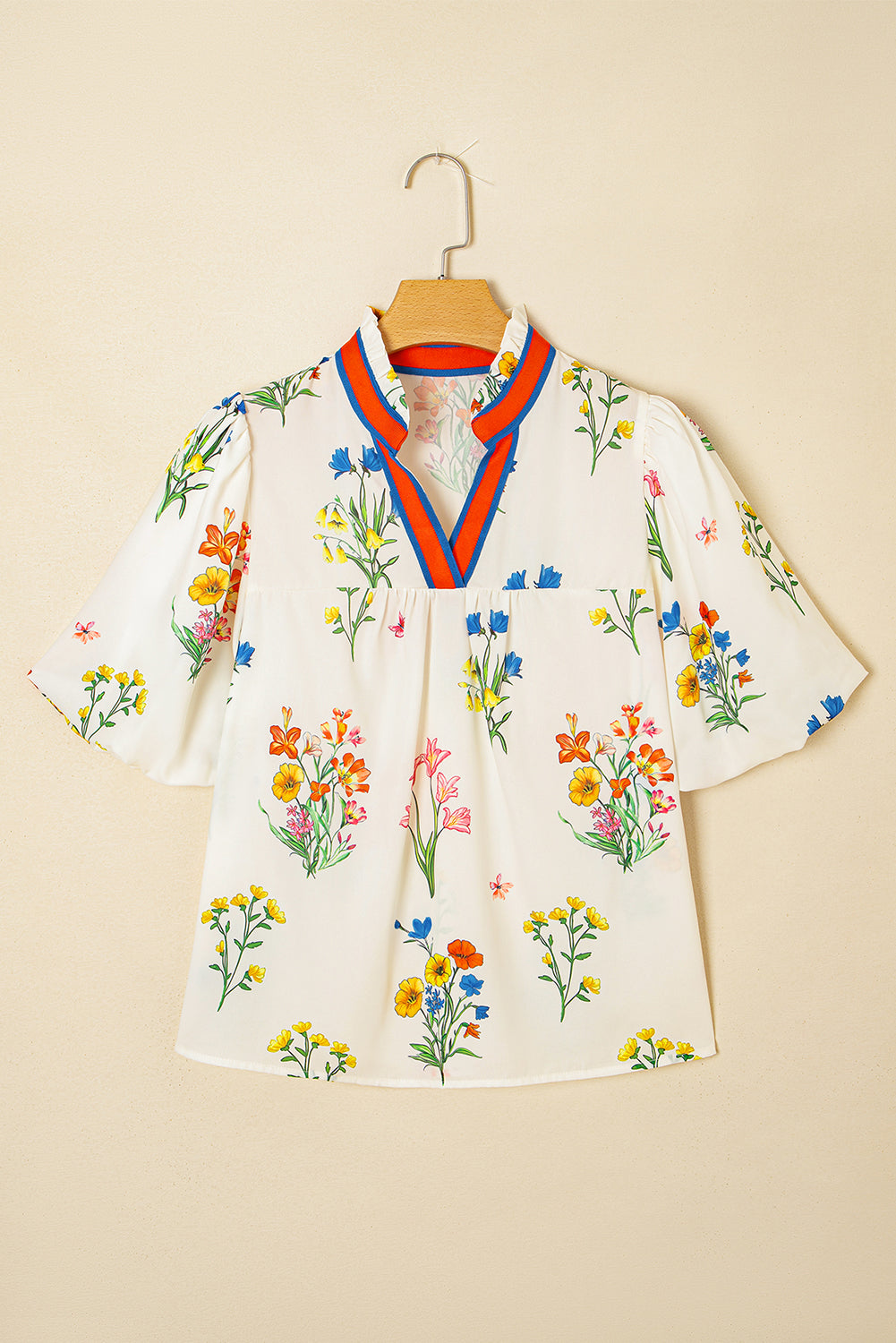 White Floral Short Puff Sleeve Contrast V Neck Print Blouse