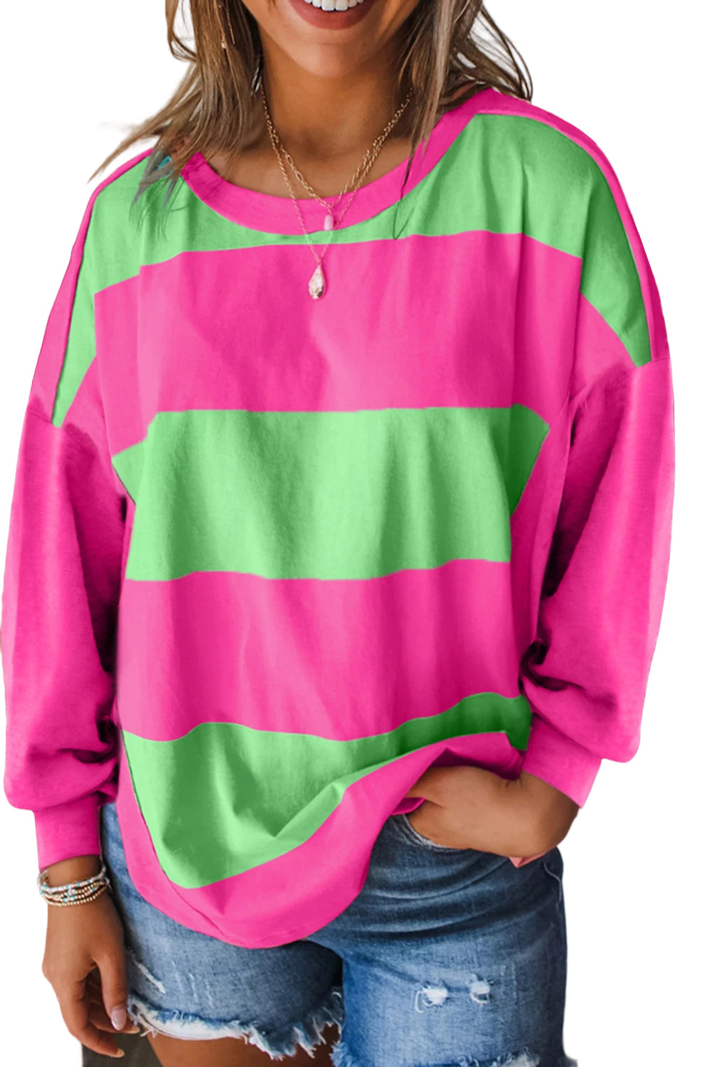 Haut ample à rayures colorblock vert clair et épaules tombantes