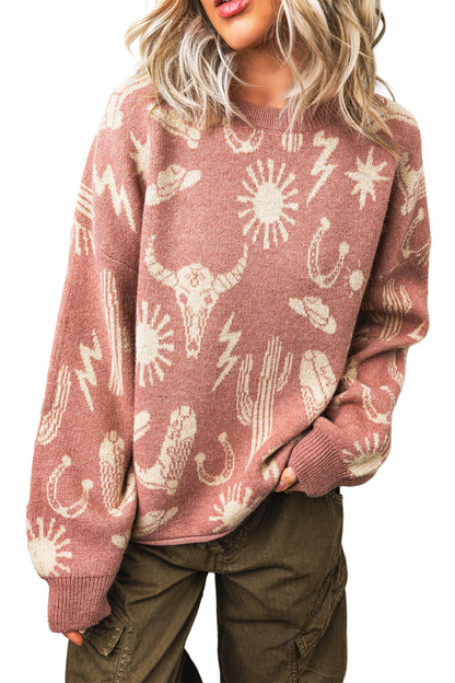 Peach Blossom Western Print Drop Shoulder Round Neck Long Sleeve Sweater