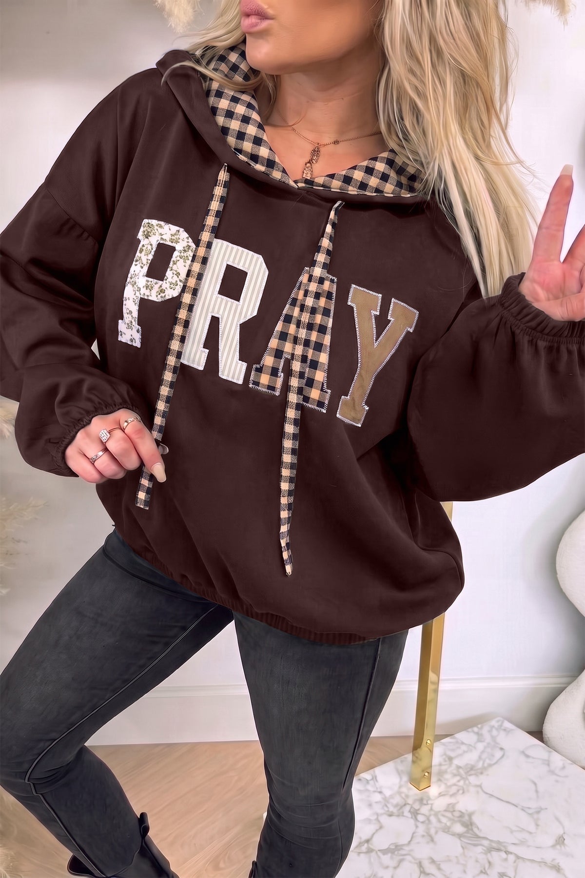 Chicory Coffee PRAY Mix Pattern Letter Graphic Plaid Contrast Drawstring Hoodie