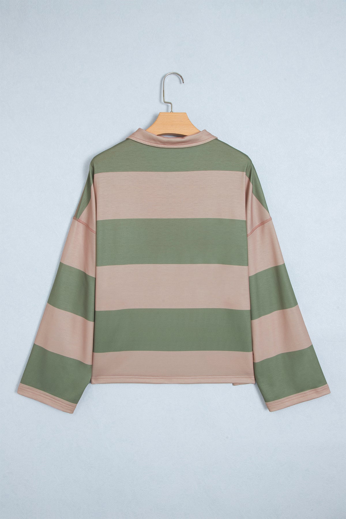 Green Striped Colorblock Zipper Pullover Long Sleeve Loose Top