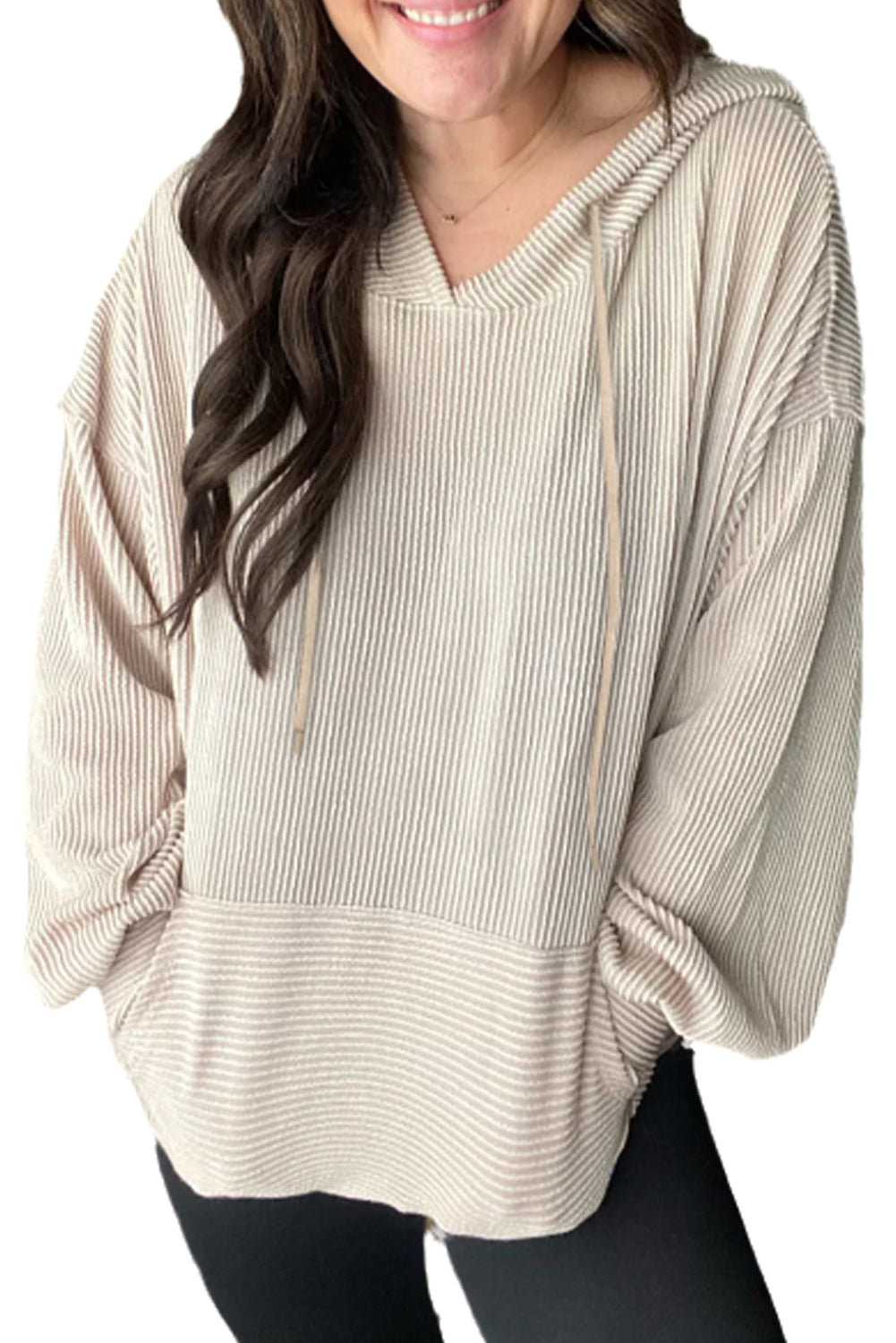 Pale Khaki Corded Drop Shoulder Kangaroo Pocket Hoodie