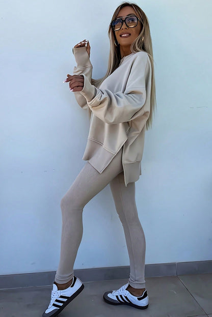 Jet Stream Solid Color Oversize Slit Sweatshirt Ribbed Leggings 2pcs Set