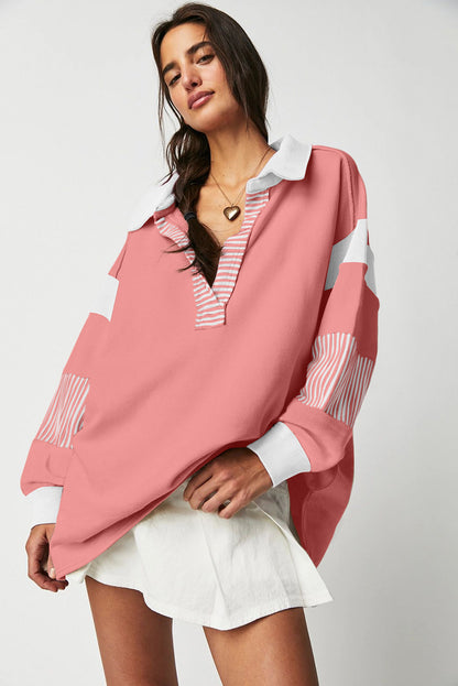 Pink Casual Striped Colorblock Patchwork Collar Sweatshirt