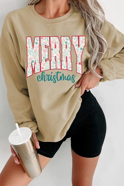 Sweat-shirt graphique imprimé « MERRY Christmas » avec éléments festifs en parchemin