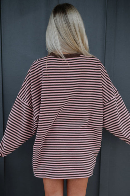 Brown Stripe Long Sleeve Oversized Top Pocketed Casual Shorts Two Piece Set
