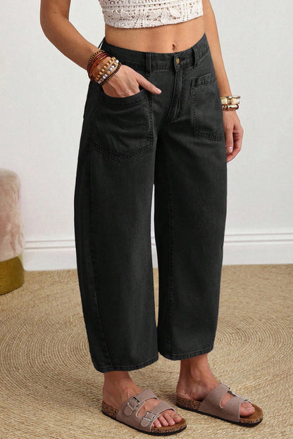 Black Solid Color Square Patch Pocket Ankle-length Barrel Jeans