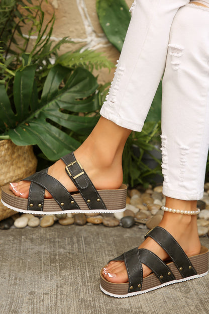Color black Faux Suede PU Leather Strappy Cutout Retro Slippers