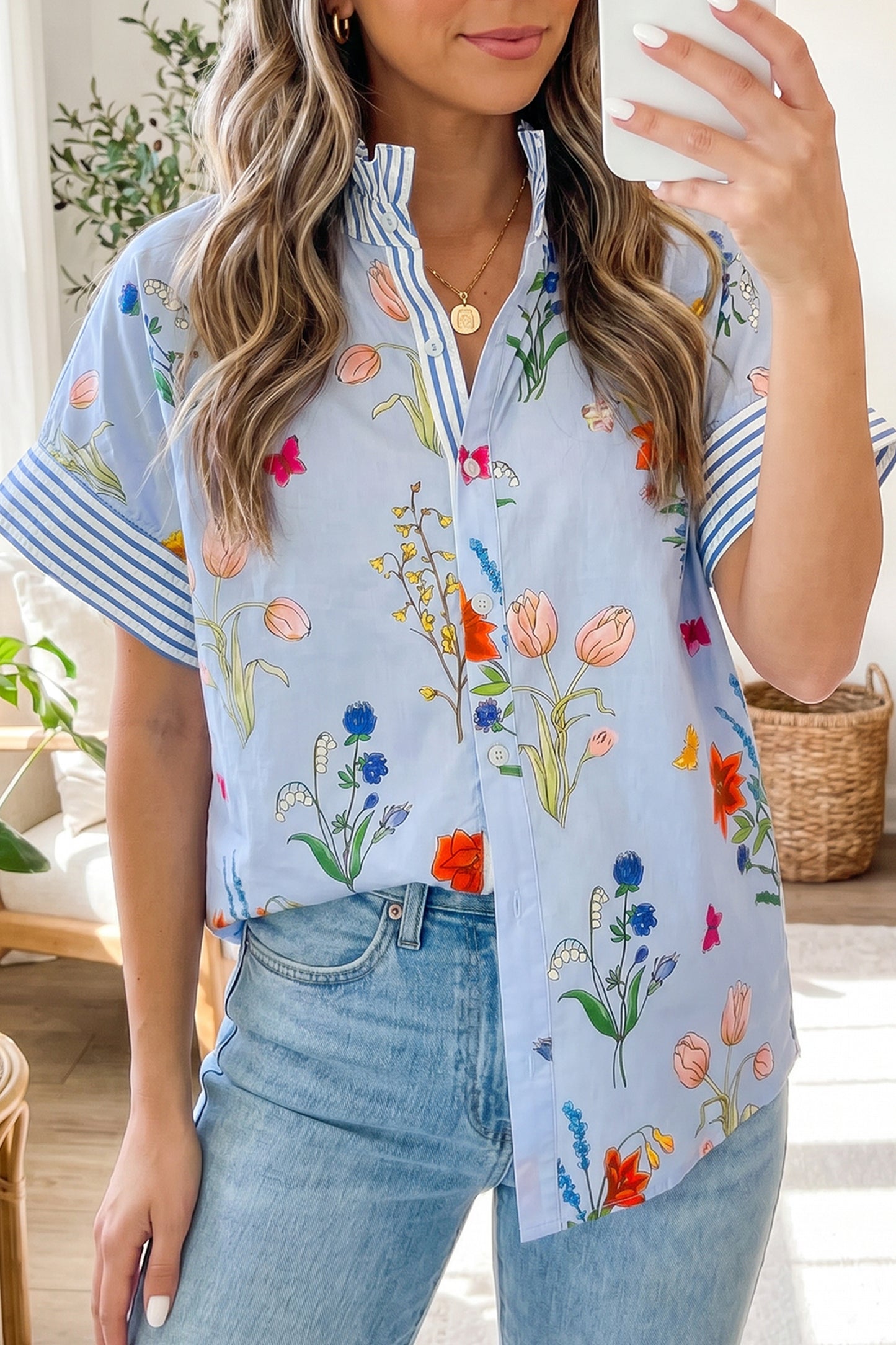 Beige Floral Striped Patchwork Ruffled Collar Short Sleeve Shirt