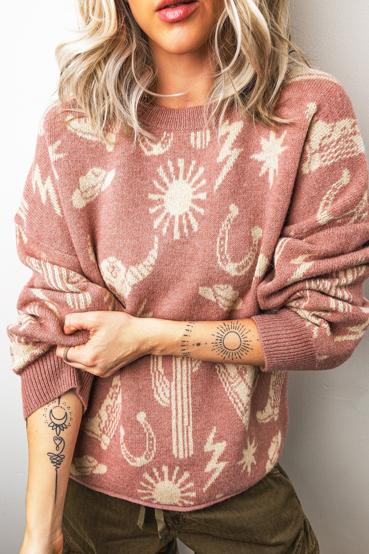 Peach Blossom Western Print Drop Shoulder Round Neck Long Sleeve Sweater