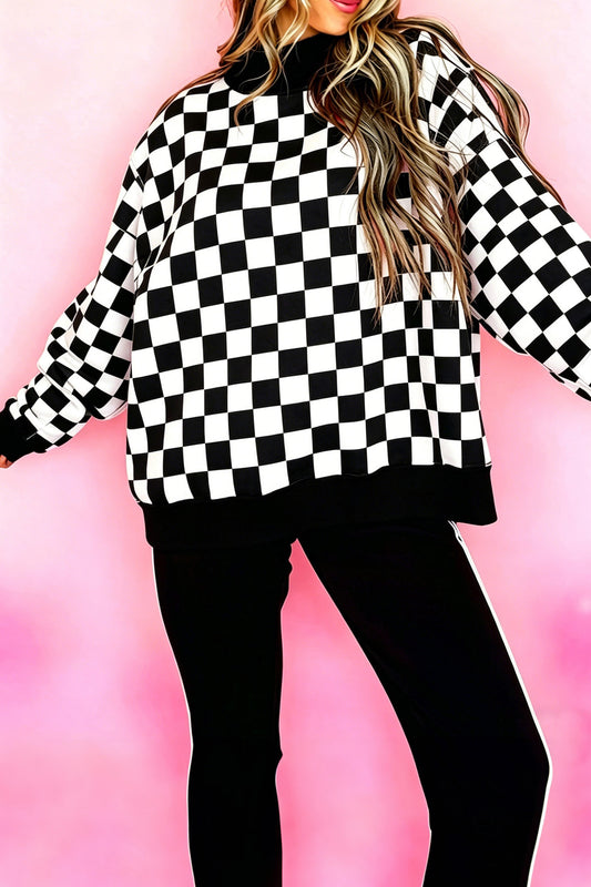 Black Checkered Print High Neck Baggy Sweatshirt