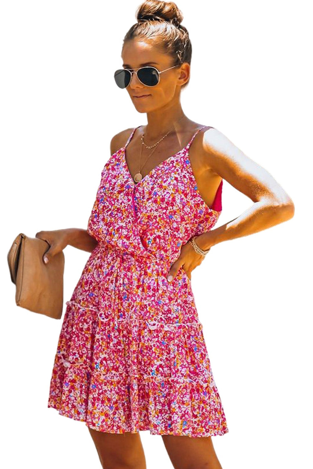 Floral Spaghetti Straps Ruffle Tiered Mini Dress