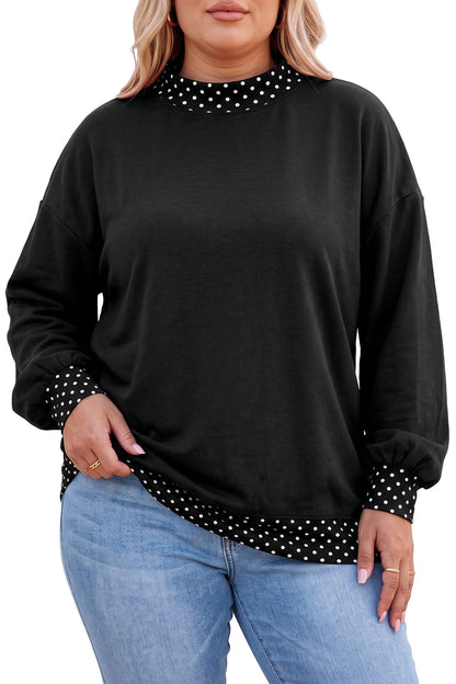 Black Polka Dot Patchwork Round Neck Plus Size Sweatshirt