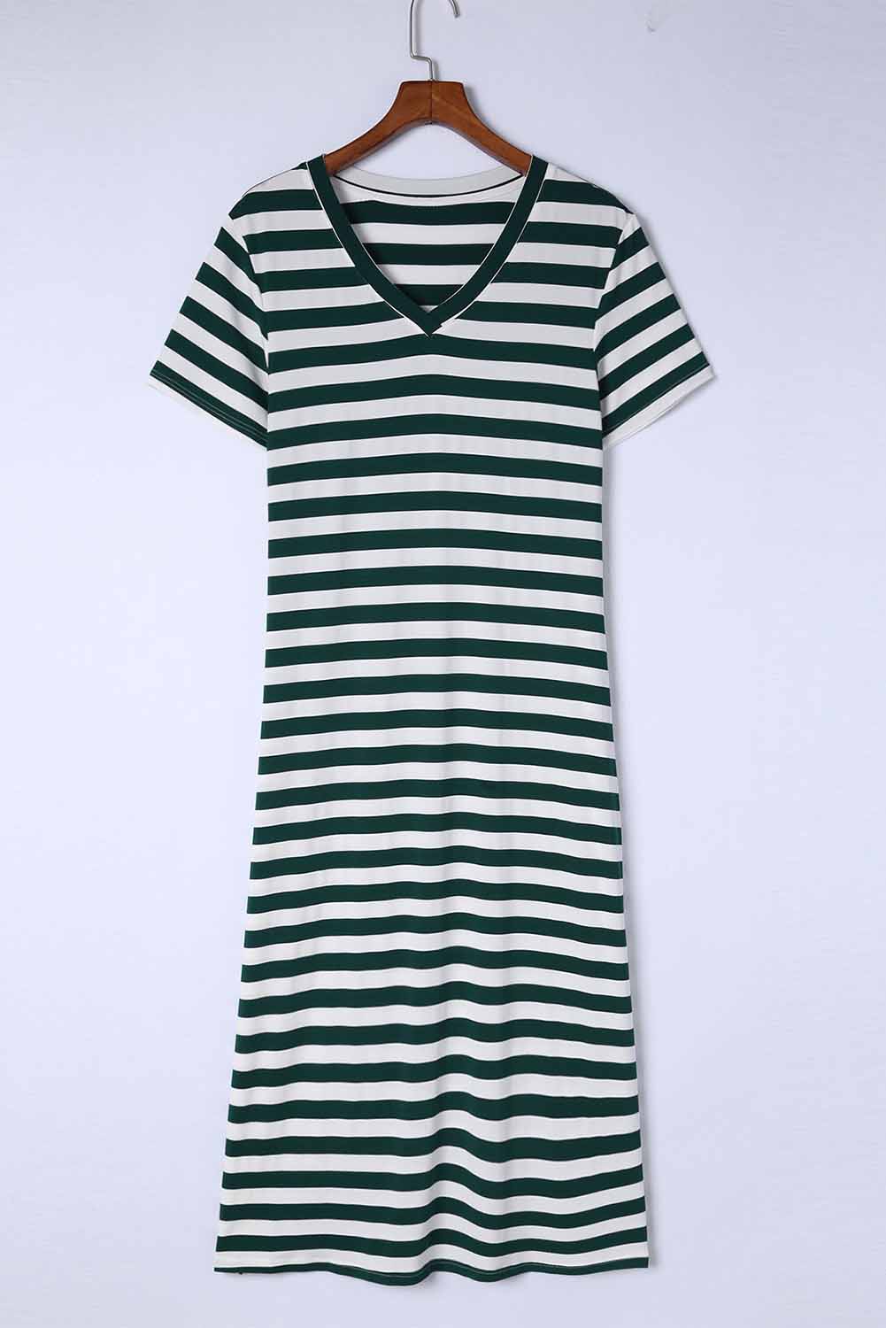 Vestido largo con cuello en V y estampado de rayas con aberturas laterales 