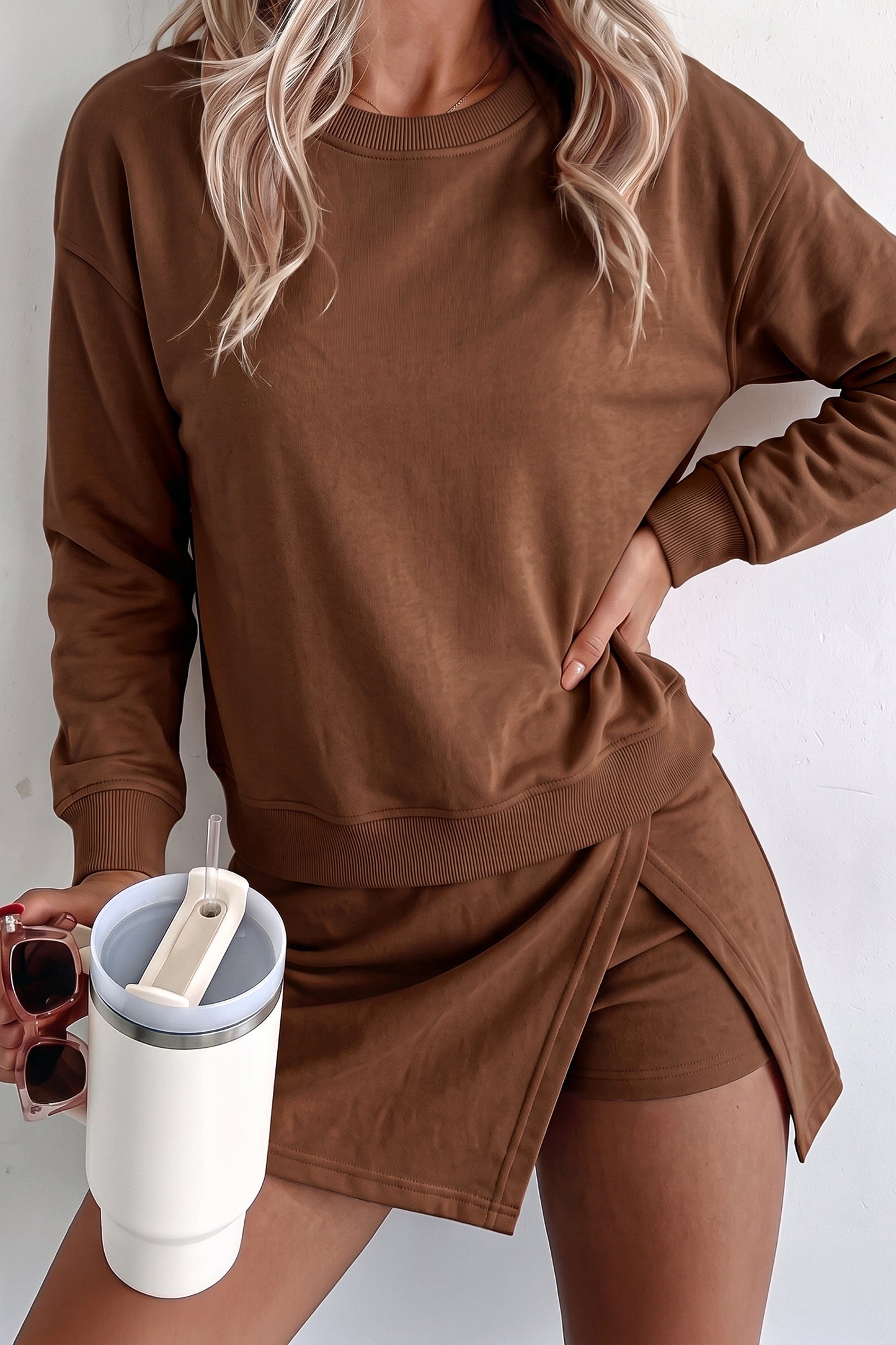 Coffee Solid Color Long Sleeve Top Split Skort 2pcs Outfit