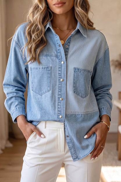 Beau Blue Lightweight Denim Striped Patchwork Button Down Shacket